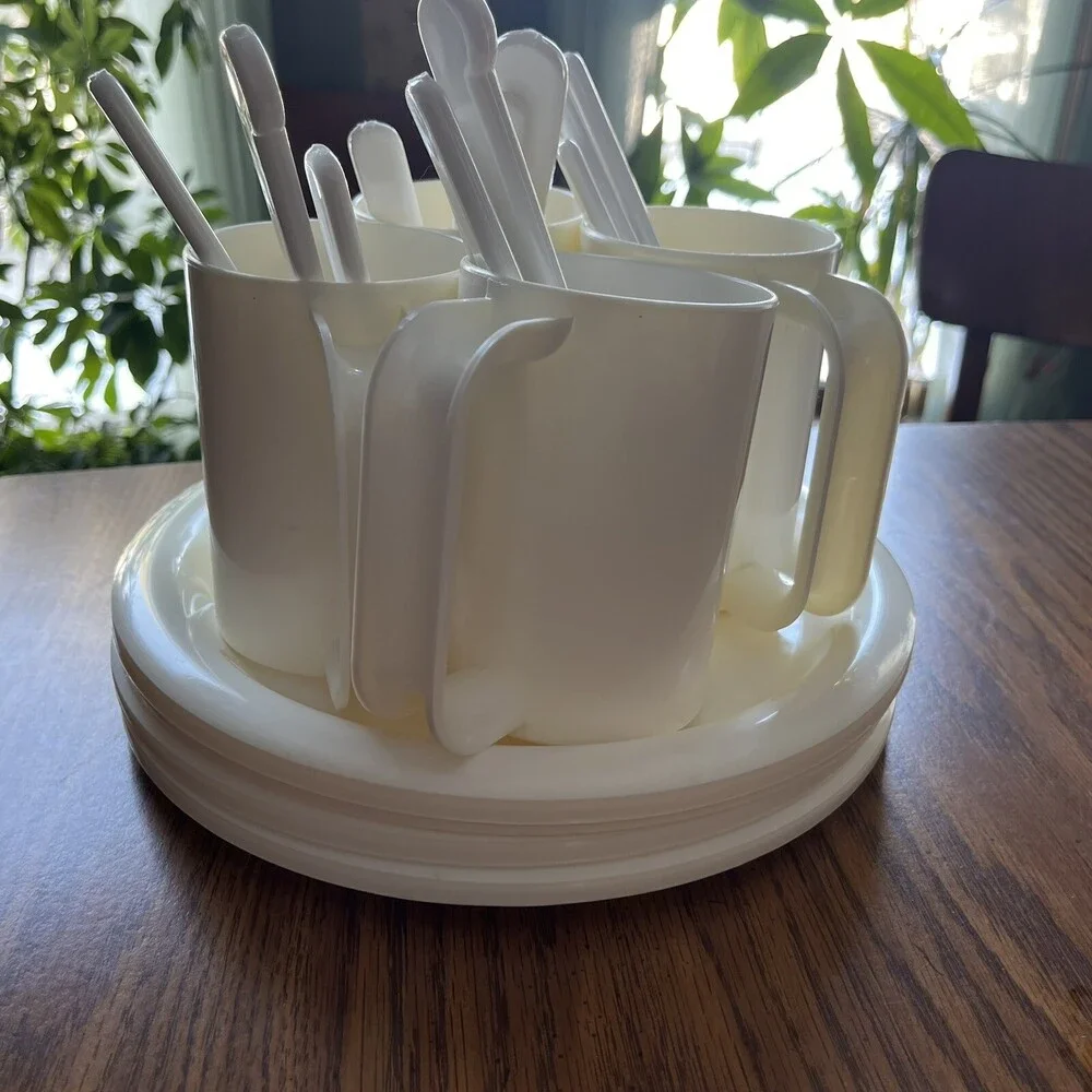 VTG 70s Picnic Camping Travel Set For 4 Heavy Duty White Plastic Acrylic Dishes